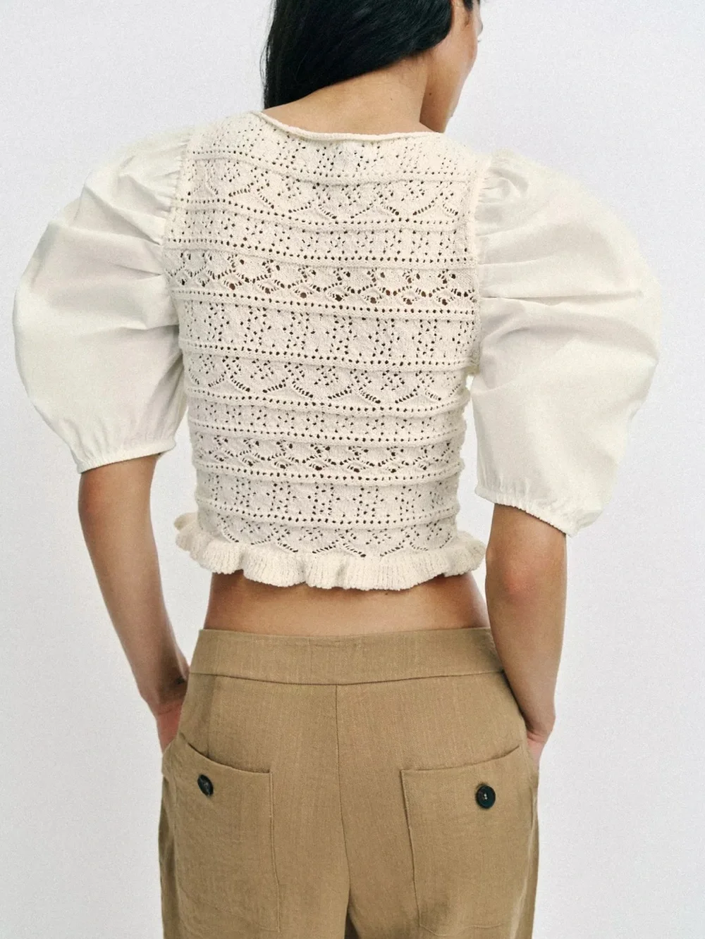 Zara Cream Crochet Puff-Sleeve Crop Top